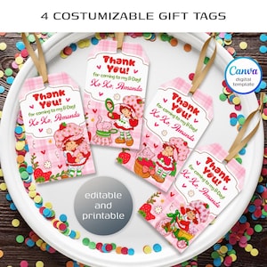 May include: Four customizable gift tags with a pink plaid design and illustrations of a cartoon character. Each tag has a gold ribbon and the text "Thank You!" and "for coming to my B-Day! Xo Xo, Amanda."