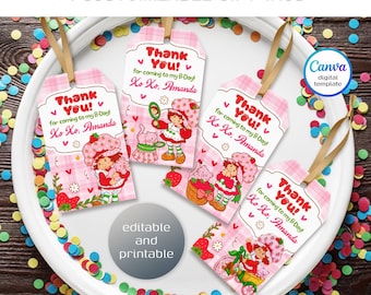 Strawberry Shortcake printable gift tags, birthday party thank you card, Editable Template, diy Berry First bday decorations,  party favors