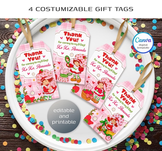 Strawberry Shortcake printable gift tags, birthday party thank you card, Editable Template, diy Berry First bday decorations,  party favors