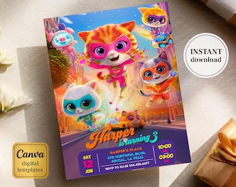 SuperKitties invitation, Printable Editable Super Kitty Invite, SuperKitty Birthday Party invite template, Kitten Invitation Cute Invite