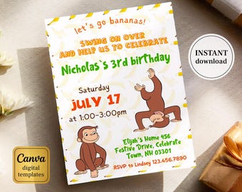 Curious George birthday invitation, Printable monkey invite, ape invite, Curious George party, boy 1st 2nd 3rd birthday, editable template