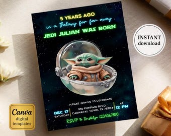 Baby yoda Birthday Invitation, Star wars invite, printable grogu invitation, Instant Download, editable Birthday Invite template