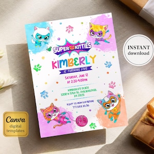 SuperKitties invitation, Printable Editable Super Kitty Invite, SuperKitty Birthday Party invite template, Kitten Invitation Cute Invite