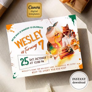 Könnte beinhalten: Eine farbenfrohe Geburtstagseinladung mit Figuren aus dem Animationsfilm "The Bad Guys". Die Einladung ist für Wesleys 7. Geburtstagsparty, die am Samstag, den 25. Oktober um 12:00 Uhr stattfindet. Die Einladung enthält die Adresse und RSVP-Informationen.