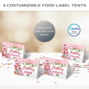 May include: Four customizable food label tents with a pink strawberry theme. Each tent features a cartoon character, the word "Birthday", and a food category like "Nuggets" or "Cake". The text "download, edit and print today" is also visible.