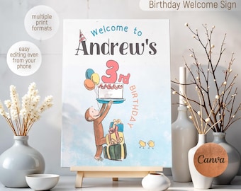 Curious George welcome sign template, printable birthday party Monkey welcome in poster, boy birthday, Ape b-day decoration template