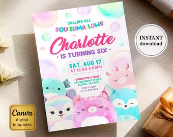 Squish invitation, Printable birthday invitation, girl birthday invite, squishmallow Editable invitation, instant download, squishy party