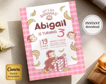 Curious George birthday invitation, Printable monkey invite, ape invite, Curious George party, boy 1st 2nd 3rd birthday, editable template