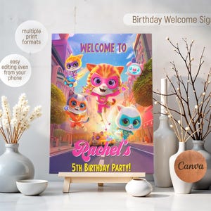 Plantilla de cartel de bienvenida de SuperKitties, póster imprimible de bienvenida de SuperKitties para fiesta de cumpleaños, cumpleaños de niño, plantilla de decoración de cumpleaños de gatitos