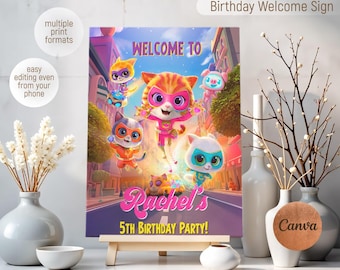 SuperKitties welcome sign template, printable birthday party Super Kitties welcome in poster, boy birthday, Kitten b-day decoration template