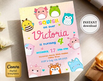 Squish invitation, Printable birthday invitation, girl birthday invite, squishmallow Editable invitation, instant download, squishy party