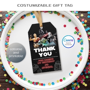 May include: A black gift tag with Star Wars characters and the text "THANK YOU". The tag includes the phrases "FOR MAKING MY BIRTHDAY SO SPECIAL", "editable and printable", and "Canva digital template". The tag is on a white plate with colorful confetti.