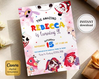 Amazing Digital Circus Invitation,  Printable Editable Digital Circus party Invite, Birthday Party Celebration template Download