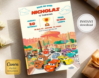 Cars invitation, Lightning Mcqueen invite, Printable Birthday Party Invitation, racing Birthday invitation template