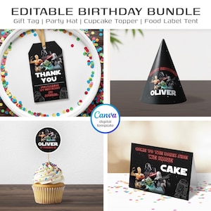 May include: An editable birthday bundle featuring a gift tag, party hat, cupcake topper, and food label tent. The gift tag says "Thank You" and the party hat is personalized with a name. The food label says "Come to the Dark Side We Have Cake".