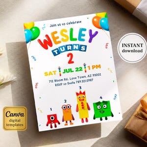 May include: A white birthday invitation card featuring colorful balloons, confetti, and block-style characters. The text reads: Join us to celebrate WESLEY TURNS 2, SAT JUL 22 1 PM, 712 Bloom Rd., Love Town. AZ 93002, RSVP to Stella 789.321.0987.