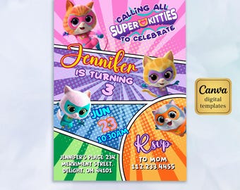 SuperKitties invitation, Printable Editable Super Kitty Invite, SuperKitty Birthday Party invite template, Kitten Invitation Cute Invite