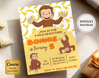 Curious George birthday invitation, Printable monkey invite, ape invite, Curious George party, boy 1st 2nd 3rd birthday, editable template