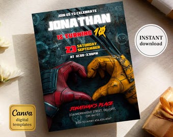Editable Deadpool and Wolverine Birthday Invitation, Wolverine Deadpool Superheroes Party, printable Invitation