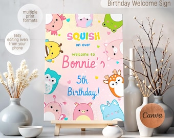Squishy welcome in, Squish welcome sign, printable editable Squishmallow girl Party decoration template,Squishy party welcome template