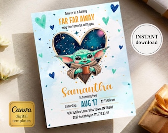 Baby yoda Birthday Invitation, Star wars invite, printable grogu invitation, Instant Download, editable Birthday Invite template