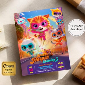 May include: A rectangular birthday invitation card featuring cartoon cats in superhero costumes. The text reads Harper is turning 3, Sat 12 Jun, Harper's Place, 678 Mirthful Blvd, Jovial, LA 70112, 10:00 AM to 03:00 PM, and RSVP to Ellie 334.455.6677.
