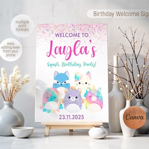 Squishy welcome in, Squish welcome sign, printable editable Squishmallow girl Party decoration template,Squishy party welcome template