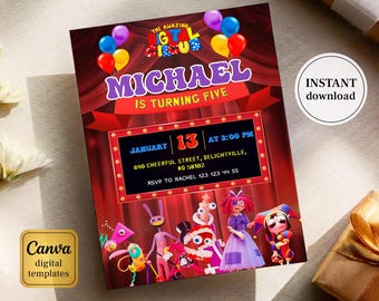 Amazing Digital Circus Invitation,  Printable Editable Digital Circus party Invite, Birthday Party Celebration template Download