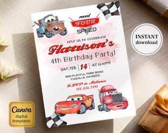 Cars invitation, Lightning Mcqueen invite, Printable Birthday Party Invitation, NFS racing invitation template, 4th birthday boy