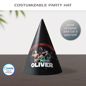 May include: A black party hat with a Star Wars theme, featuring characters like Darth Vader and Yoda. The hat has the text "HAPPY BIRTHDAY" in red and the name "OLIVER" in white. The hat is a digital template from Canva.