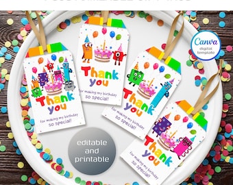 Numberblocks printable gift tags, birthday party thank you card, Editable Template, diy Numbers bday decorations,  party favors