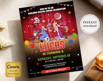Amazing Digital Circus Invitation,  Printable Editable Digital Circus party Invite, Birthday Party Celebration template Download