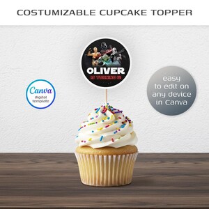 May include: A cupcake with white frosting and colorful sprinkles, topped with a round Star Wars-themed topper. The topper features characters and the text "OLIVER IS TURNING 6". The image also includes the text "COSTUMIZABLE CUPCAKE TOPPER" and "easy to edit on any device in Canva".