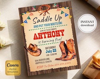 printable Cowboy Birthday invitation, Editable Rodeo Invitation Template, Wild West Bday Invite, Cowboy party, boy birthday, first second