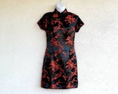 Cheongsam, Red and Black Satin Brocade, Asian Dress, Party Dress, Size 4 Small, Red Satin Party Dress, Cocktail Dress