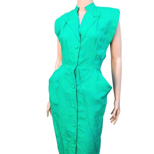 Vintage Dress  Green Blue All That Jazz 2 4 Brocade Sleeveless 30s Made in USA