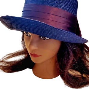 Vintage Straw Hat Blue Bowler Faded Purple Satin Ribbon