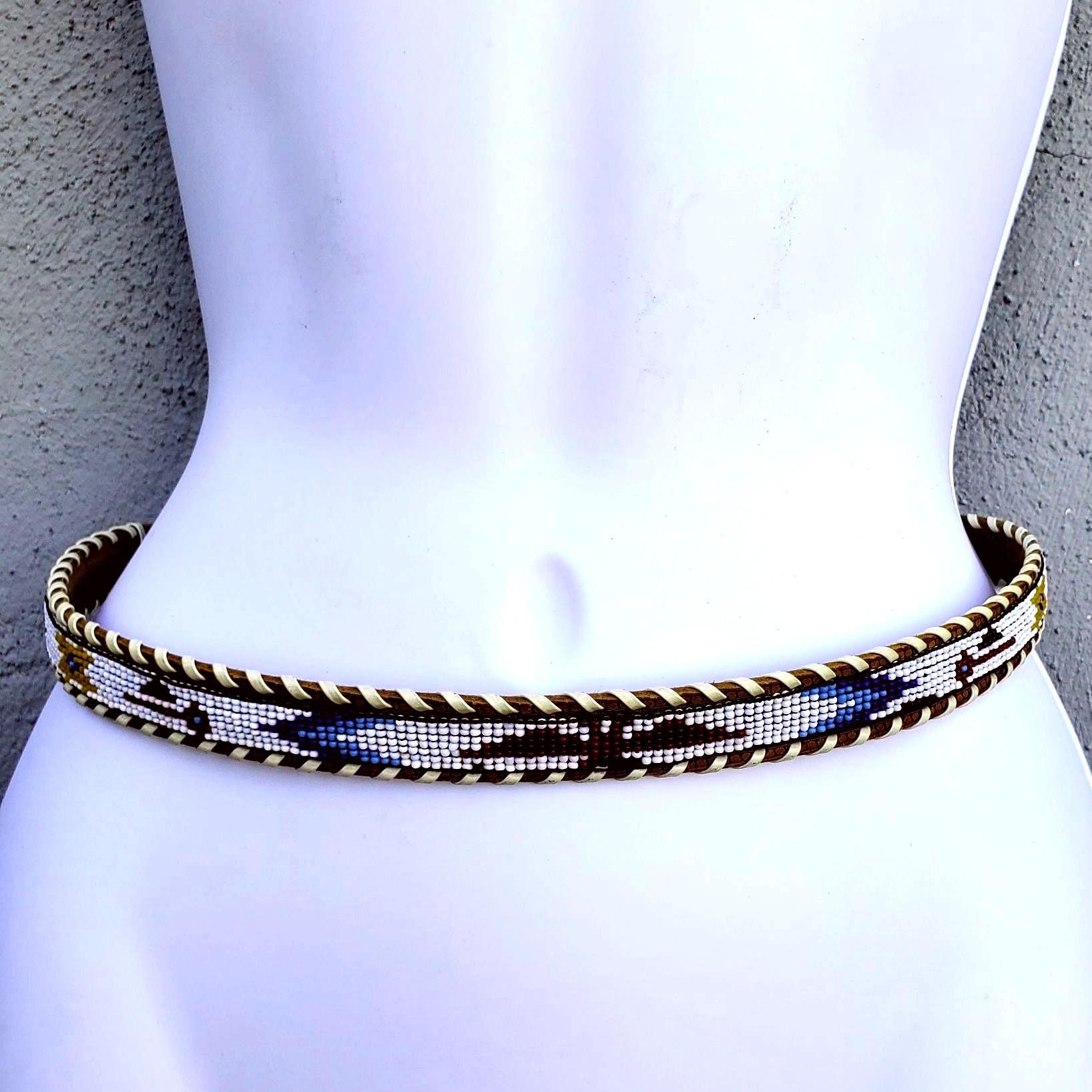 sz 32 Vintage 1960\'s Thunderbird Western Cowgirl Leather Belt Glass Beaded Thunderbird Seed Beaded Brown Leather Southwestern Belt Size  main image 2