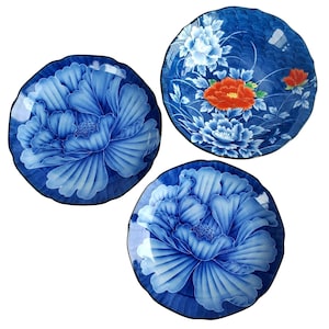 Arita Ware Japanese Porcelain 3 Bowls Blue Cobalt Pottery Floral Designs