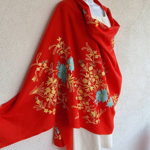 Embroidered Red Wool Shawl, Red Shawl, Embroidered