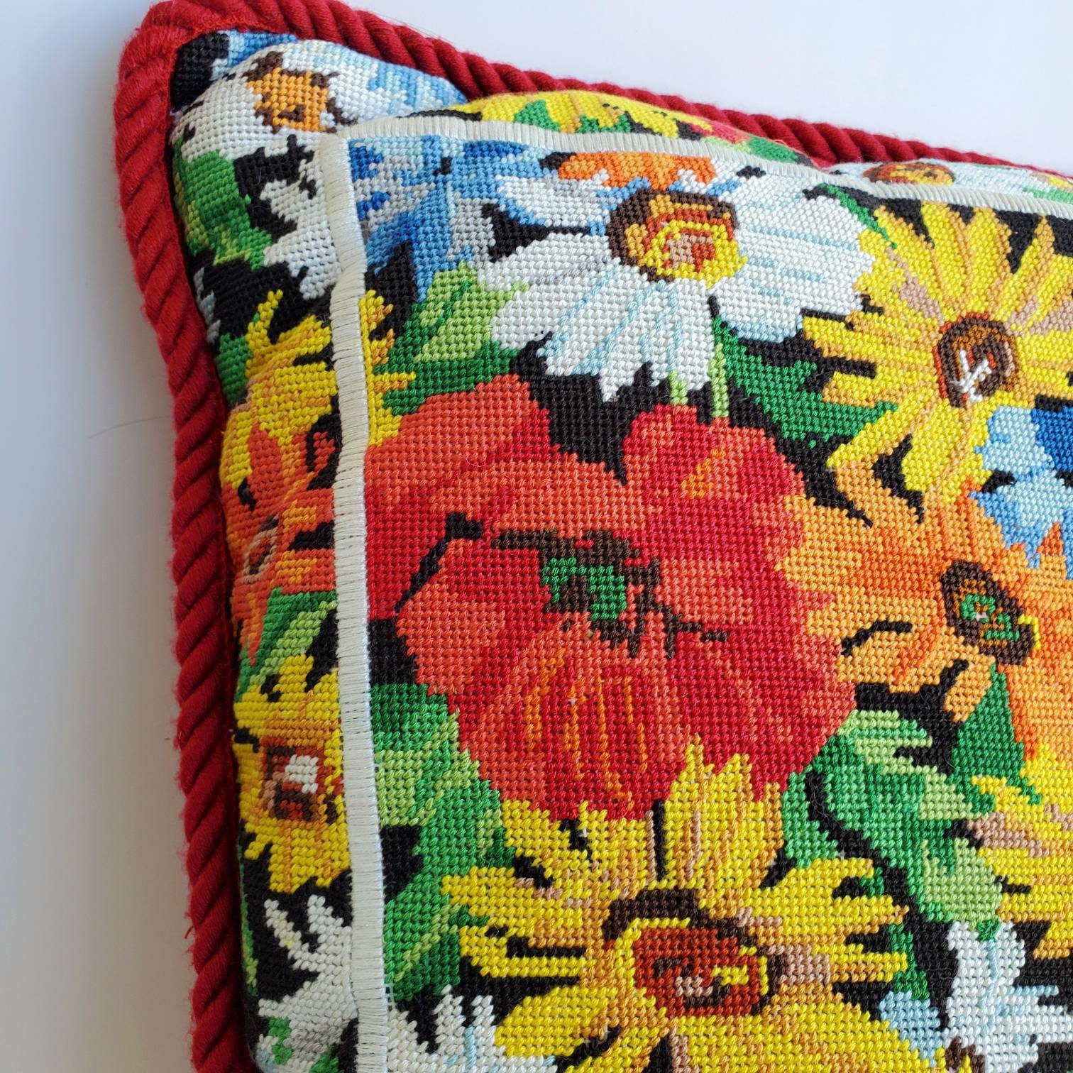 Vintage Needlepoint Pillow Accent Throw Pillow 14 by 14 Red Etsy