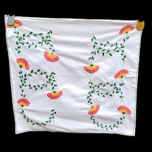 Hand Embroidered White Cotton Table Runner Cloth 21 x 22 Pink Yellow Flowers