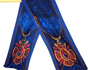 Écharpe en soie vintage Elaine Gold, chaîne rectangulaire bleue, designer des années 80