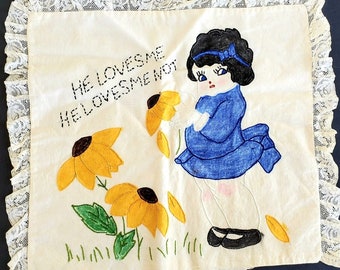 Antique Embroider Pillow Cover He Loves Me Daisy 13 X 12