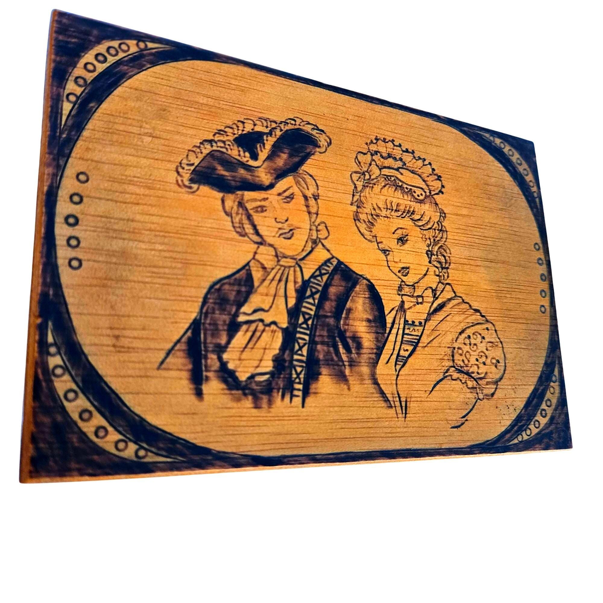 Pyrography Colonial Vintage Pyrography Burned Wood Art Box Colonial Man Woman Signed Hinged ...