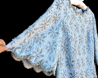 Vintage 60s Chantilly Lace Beaded Pearl A Line Cocktail Dress Trumpet Sleeves 8