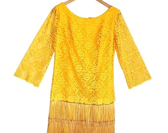 Flapper Dress Yellow Lace Vintage Costume Metal Zipper 60s A-line 2 4
