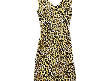 Vintage Wiggle Dress Homemade Yellow Leopard Cotton XS Metal Zipper PinUp