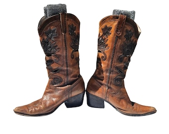 Vintage Carlos Santana Slinger Distressed Western Cowboy Boots Leather Cutout 8
