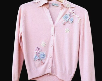 Vintage 50s Cashmere Cardigan Pink Embellished Applique Rhinestones Soutache S